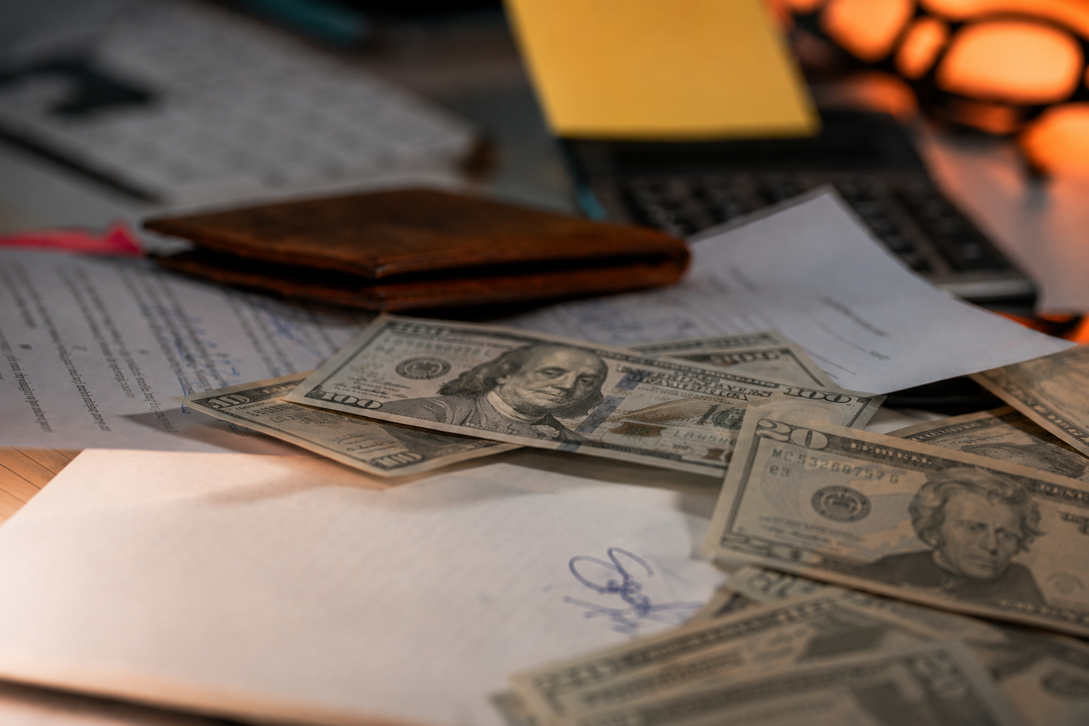 Financial documents and U.S. dollar bills arranged on a professional desk